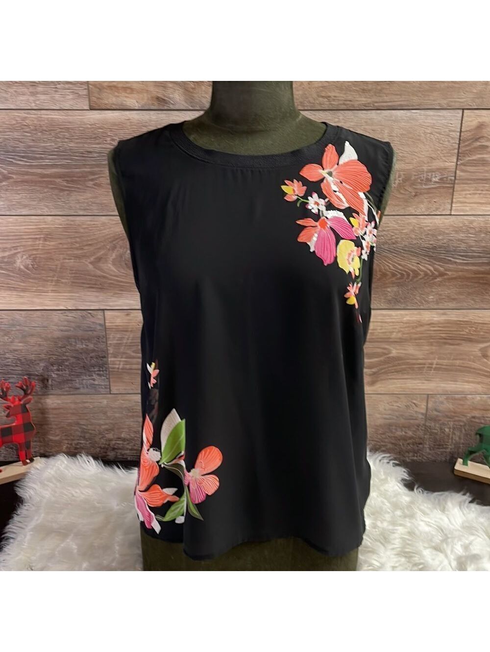 A New Day Womens Large Black Sleeveless Floral Print Blouse Crew Neck Casual Top